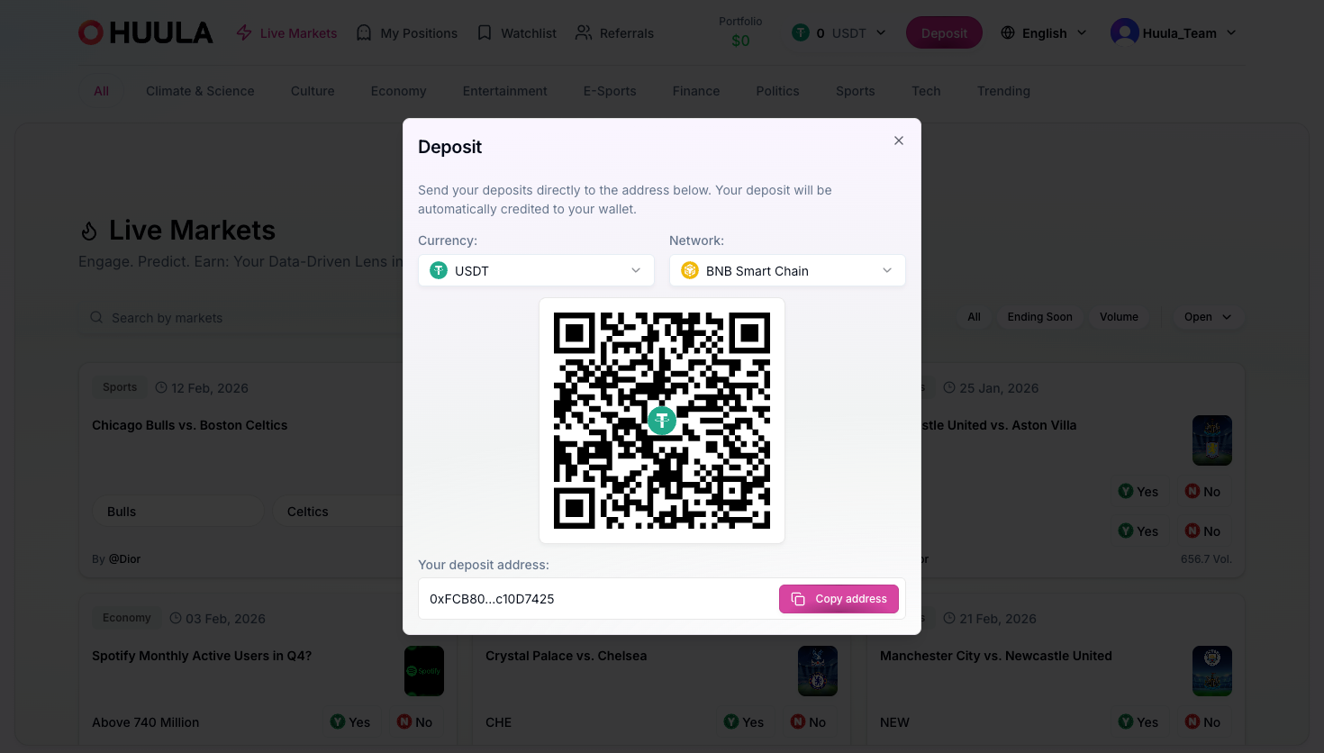 如何向您的 Huula 账户充值加密货币。